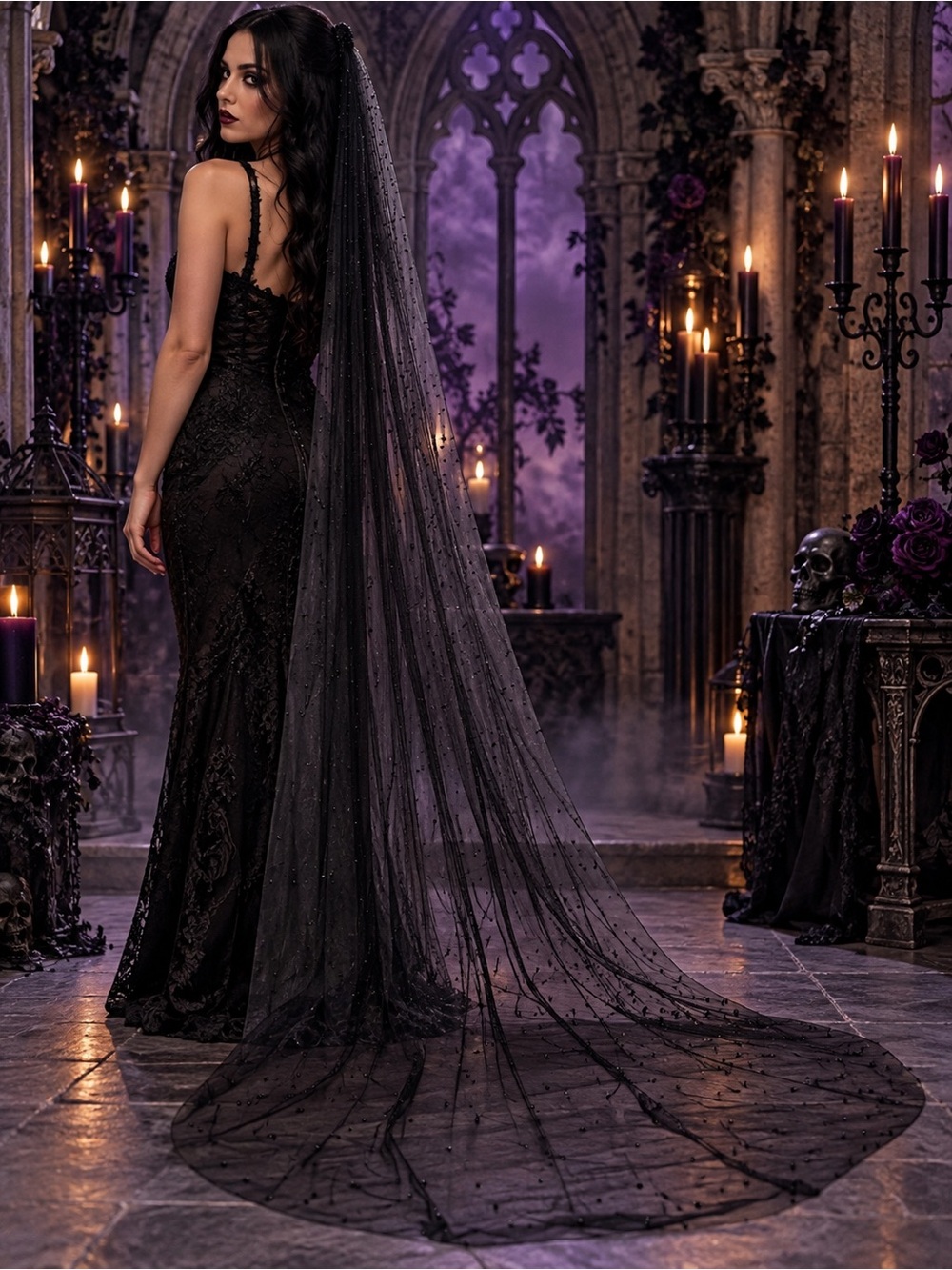 Gothic Black Sheer Tulle Wall Tapestry - Elegant Draped Accent